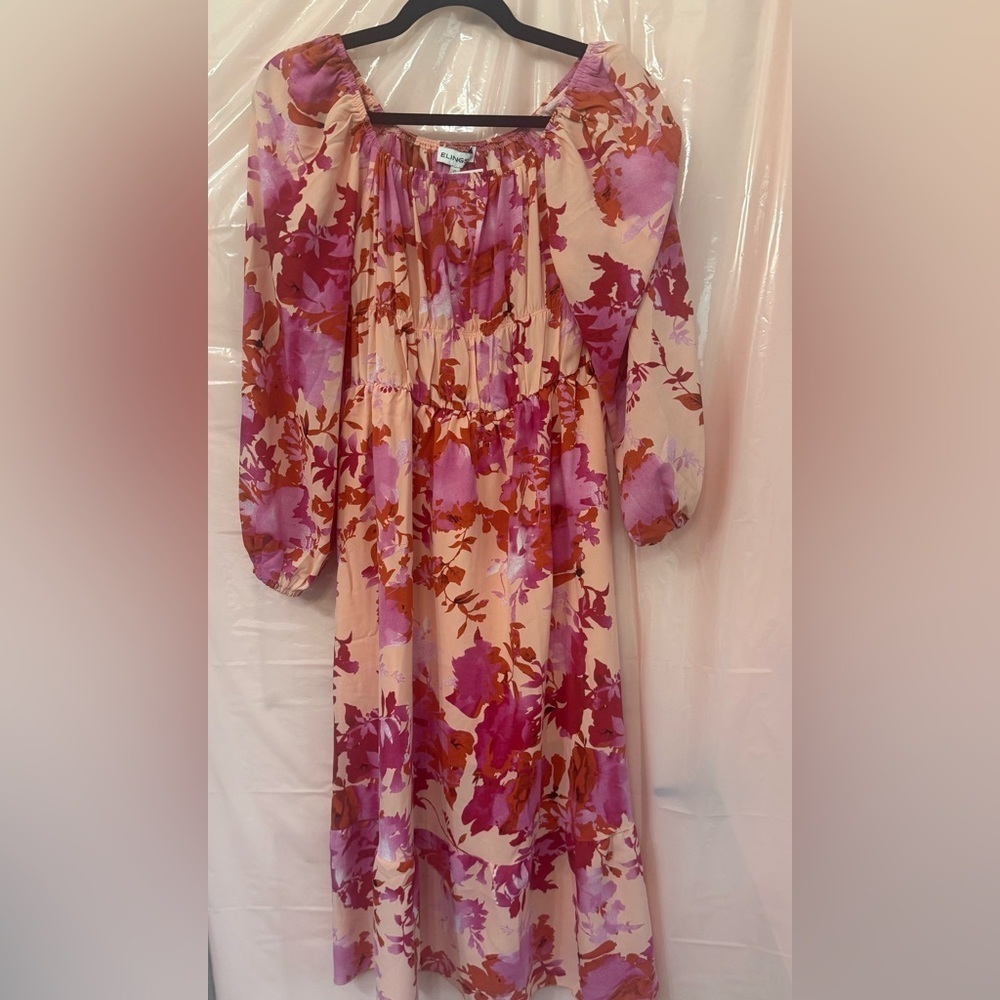 Floral Midi Dress in Pink and Purple